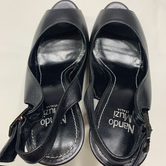 Nando Muzi Women’s Italian Leather Open Toe Jeweled Heels Pumps 36.5 Black - Picture 16 of 16